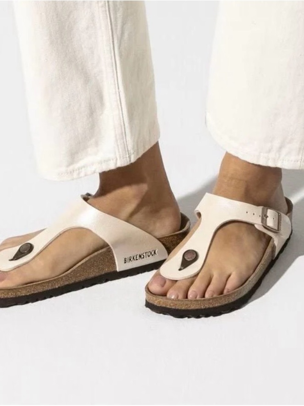 Birkenstock Gizeh Sandals in Pearl White Leather